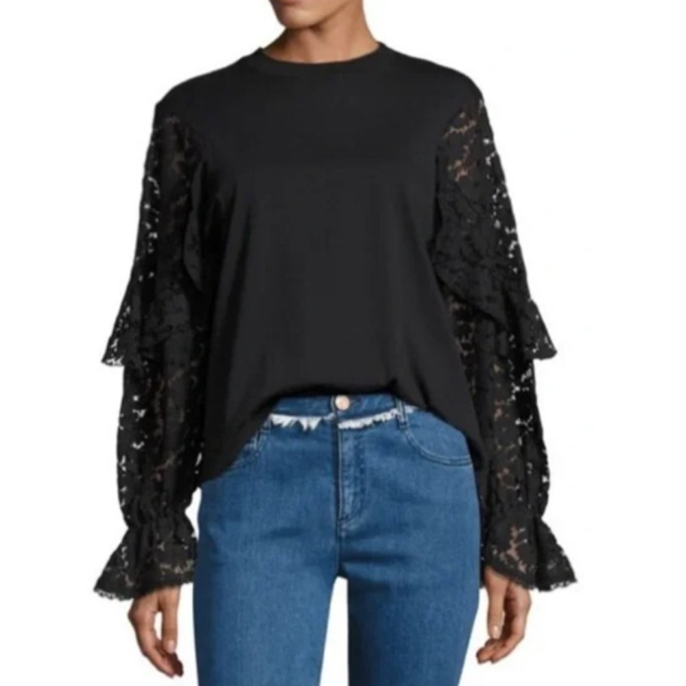 See By Chloé Black‎ Lace Sleeve Cotton Knit Top Size XS Romantic Boho Gothic